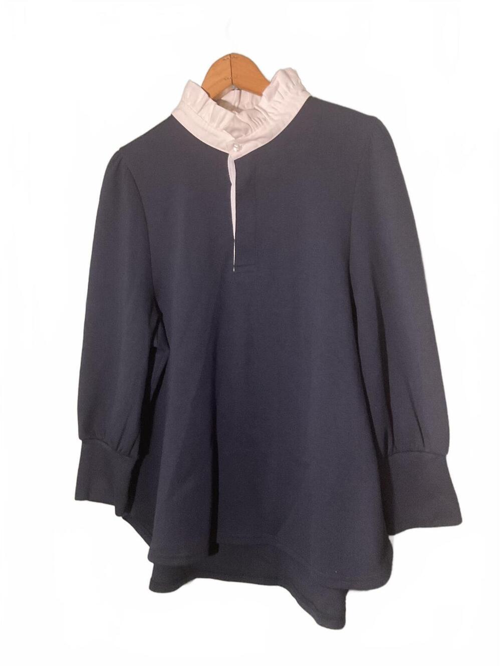 Pomander Place Women's Navy Blue Blouse/White Ruffled Collar, Size Large NWT